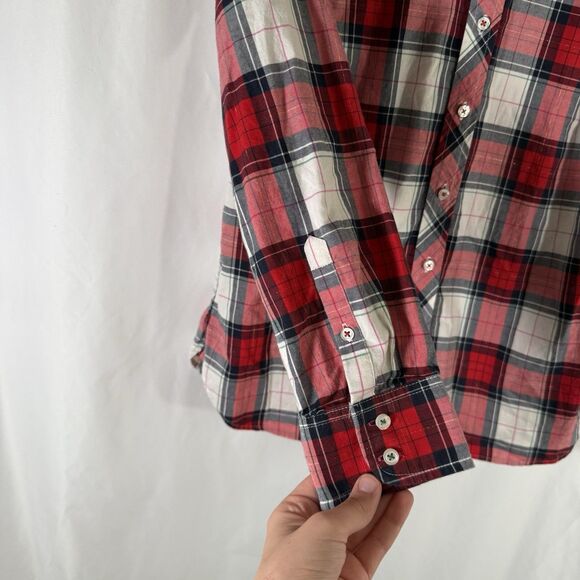 Talbots Blouse Women's Medium Red White Metallic Plaid Button Up Long Sleeve - Picture 5 of 9